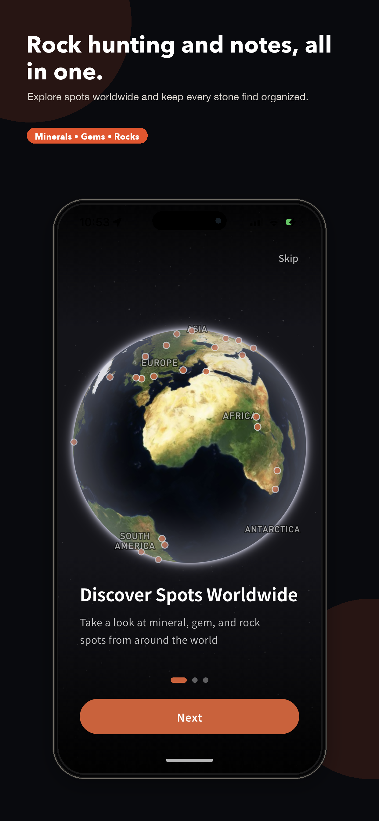 Start screen for finding and recording minerals
