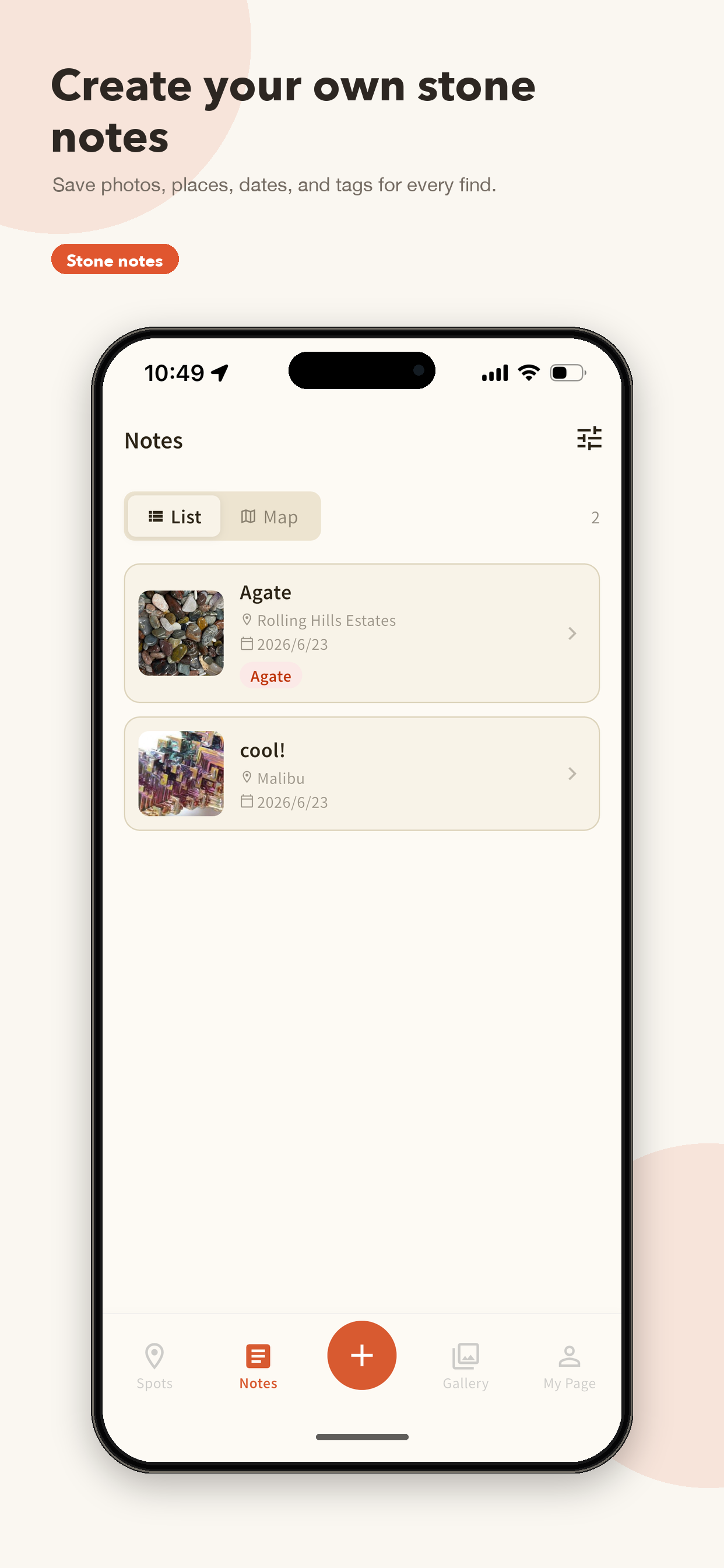 Notebook screen for mineral records and notes